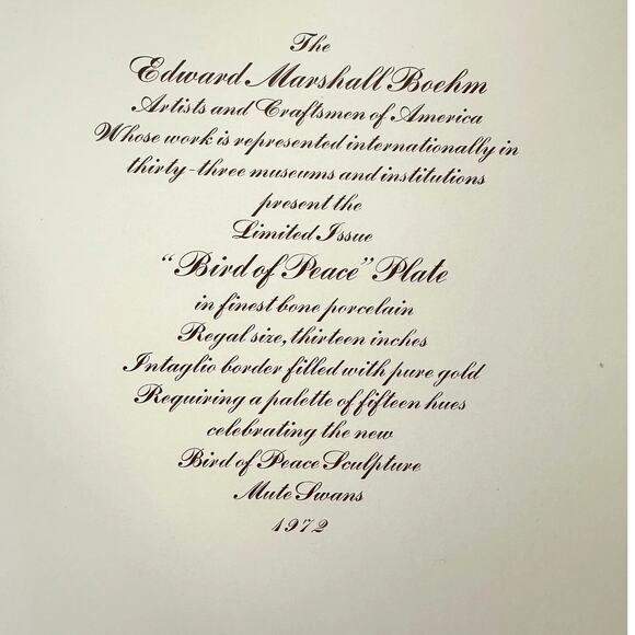 Edward Marshall Boehm "Bird of Peace" 1972 Gold RIm 13" Plate Presentation Box - Picture 5 of 13